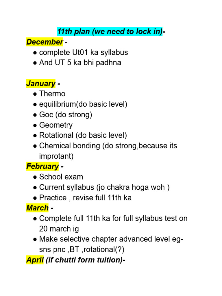 11th Grade Study Plan and Revision Guide | PDF