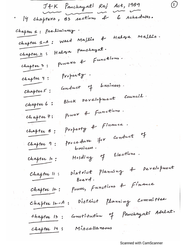 J&K Panchayati Raj Act 1989 Handwritten Notes by Ellahi | PDF
