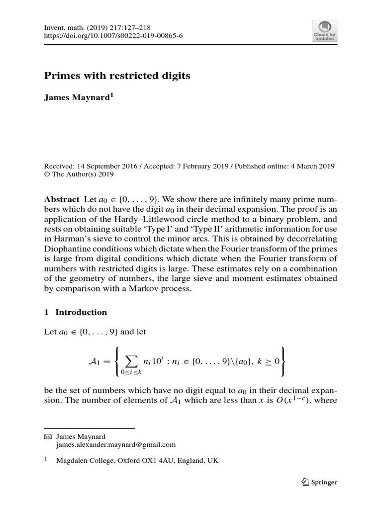 Infinite Primes Without Specific Digits | PDF | Prime Number ...