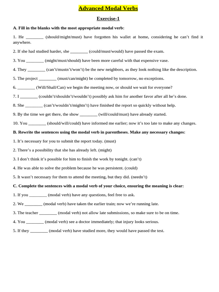 Modal Verbs Intermediate Worksheet 300x425