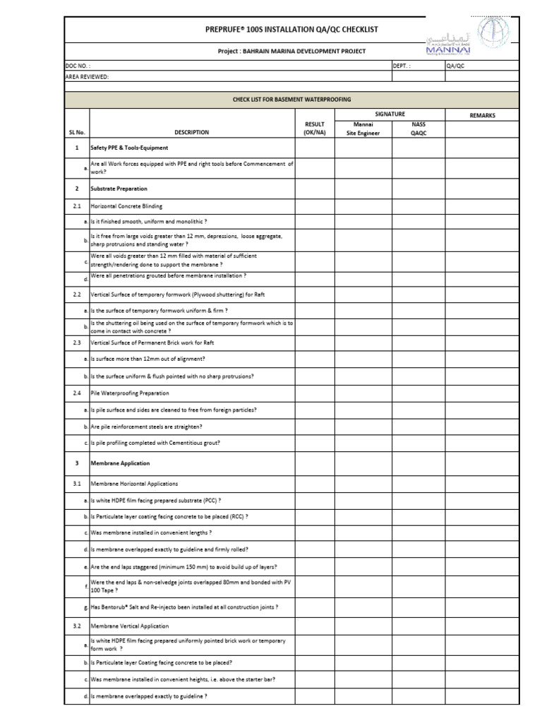 QA/QC Checklist for Marina Waterproofing | PDF | Concrete | Deep Foundation
