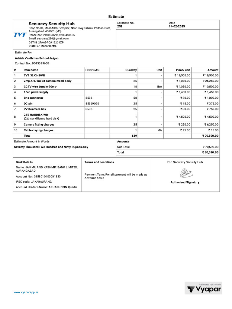 Security Equipment Estimate Invoice | PDF