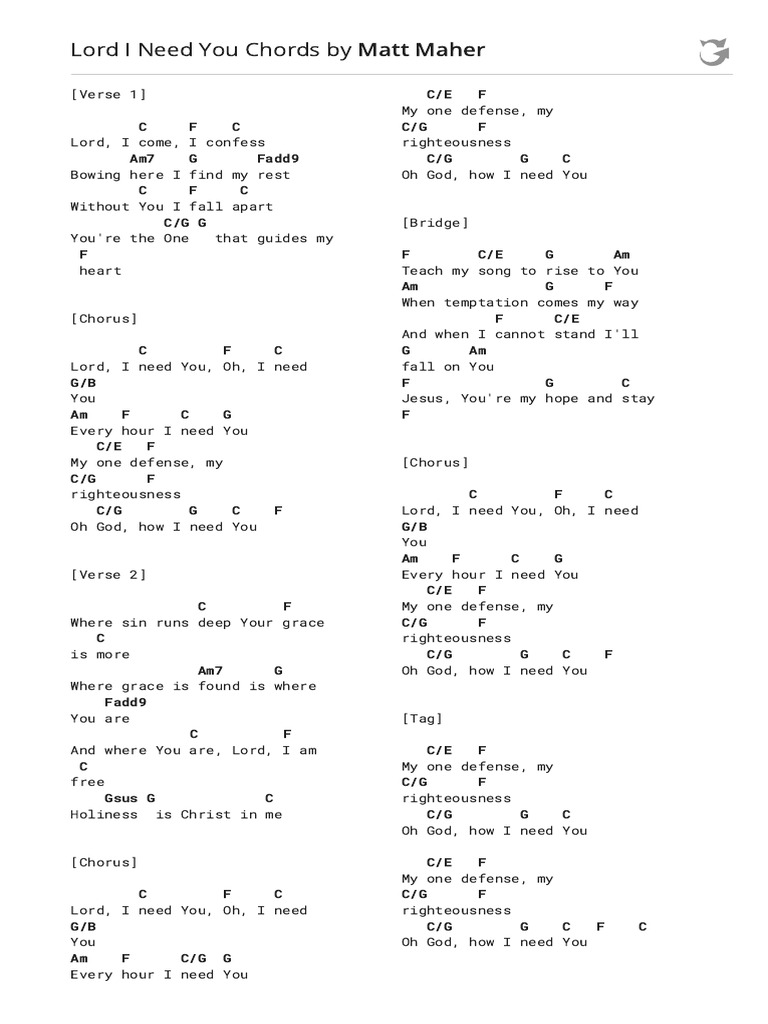 Lord I Need You Guitar Chords | PDF | God In Christianity | Song Structure