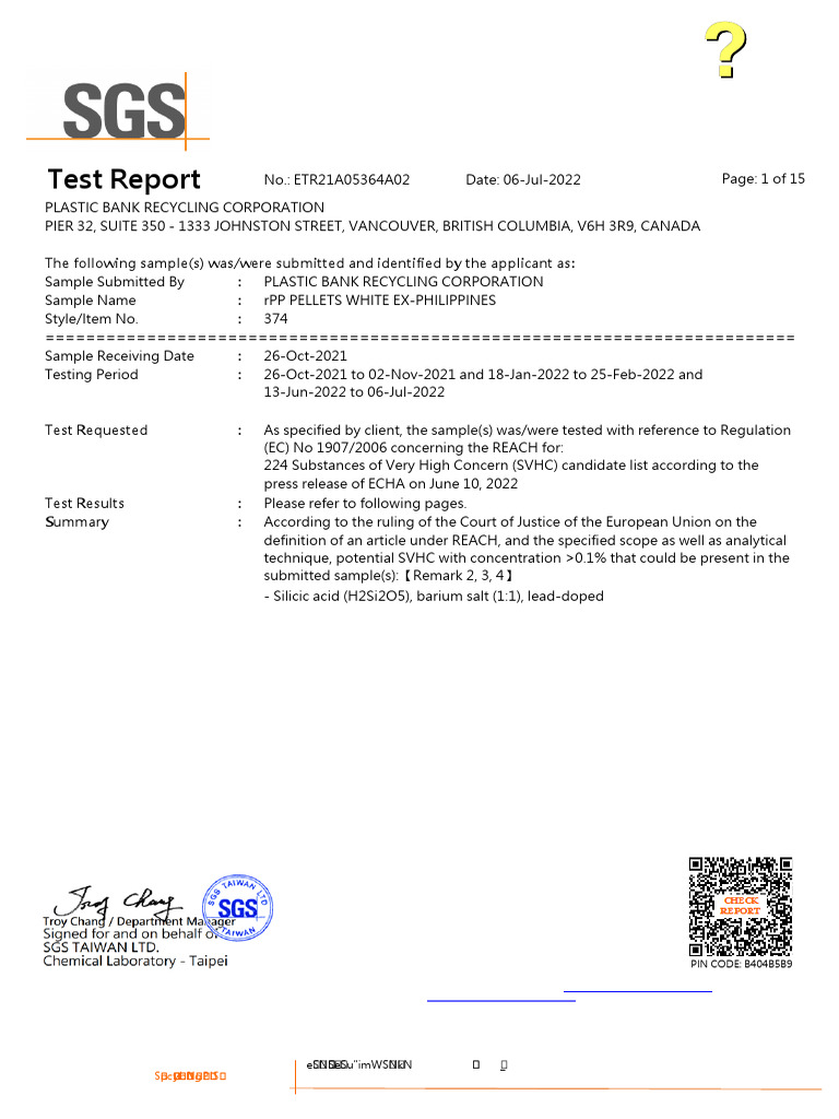 SGS Test Report on SVHC Compliance | PDF | Materials | Chemistry