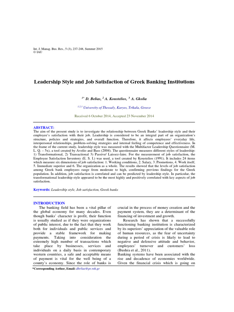 Paper Effect of Leadership Styles On Job Satisfaction | PDF ...