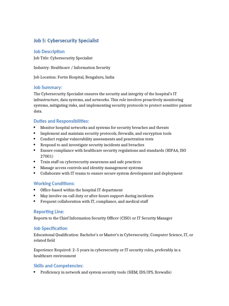 Cybersecurity Specialist Job Overview | PDF