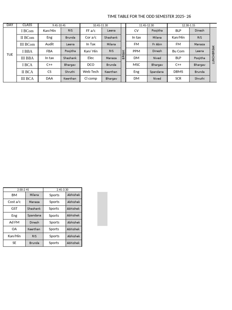 Time Table For Tuesday | PDF