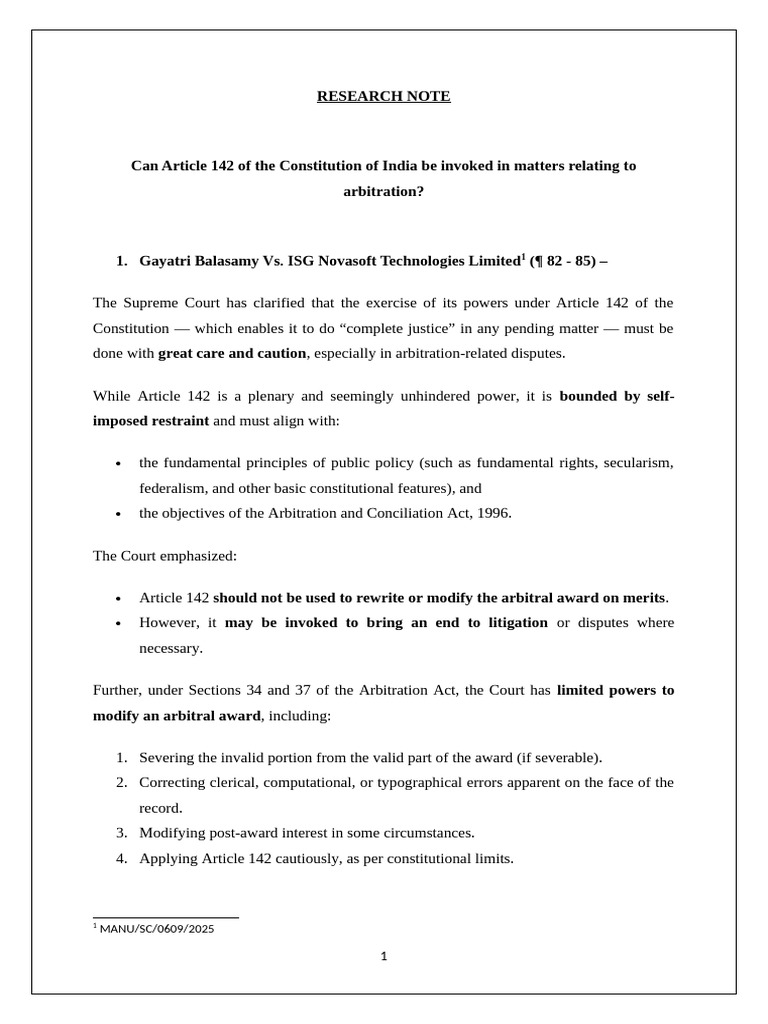 Article 142 and Arbitration Law Insights | PDF | Supreme Court Of The ...
