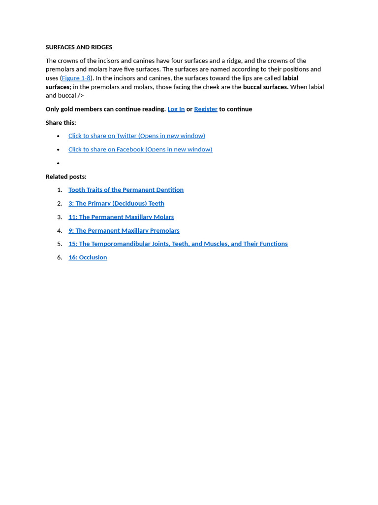 Surfaces and Ridges of Teeth | PDF