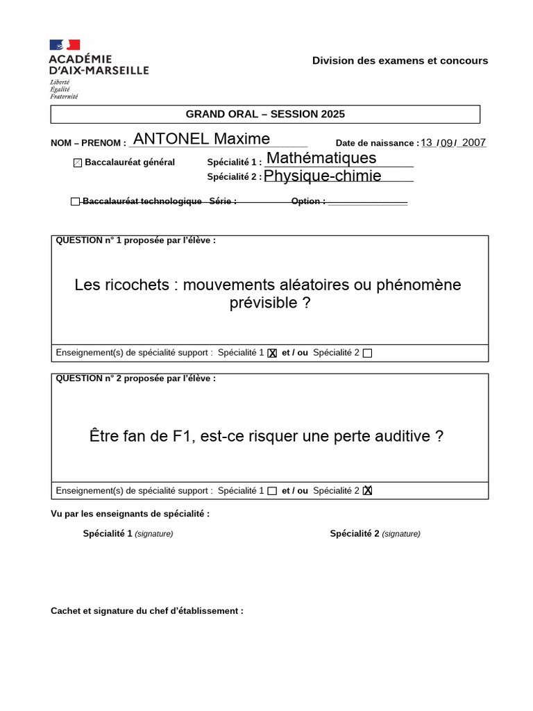 Examen Grand Oral 2025 : Questions et Spécialités | PDF
