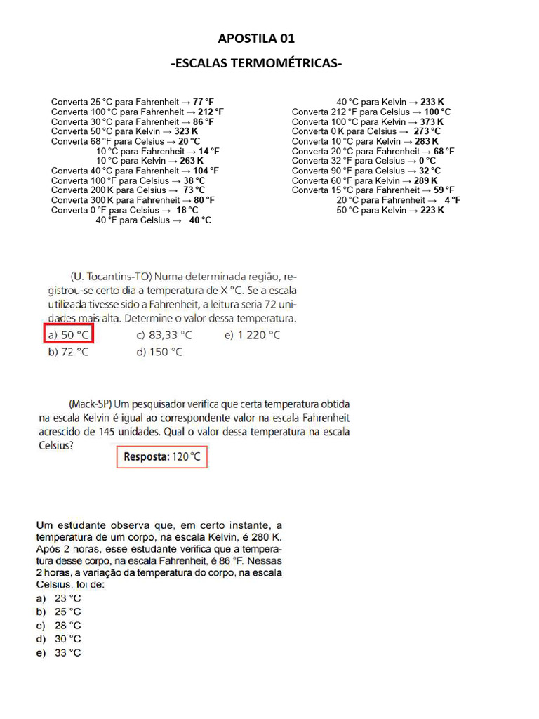 Conversão de Temperaturas e Questões Relacionadas | PDF | Temperatura ...