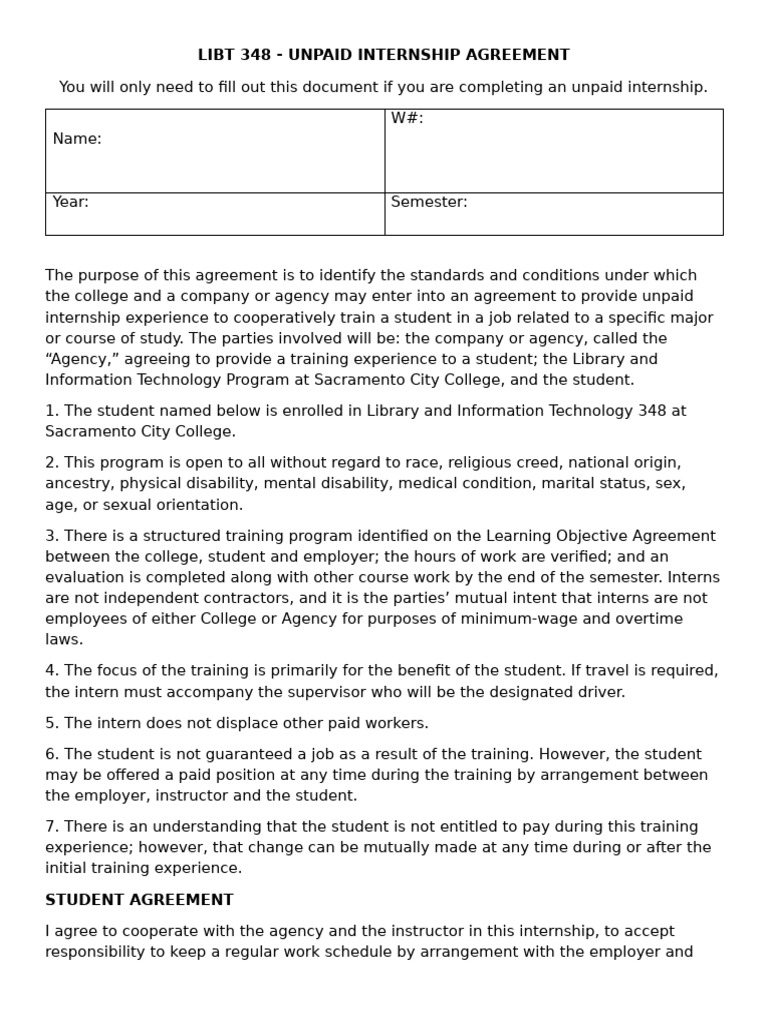Unpaid Internship Agreement Template | PDF | Internship | Job Hunting