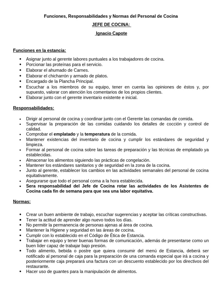 Funciones y Normas del Personal de Cocina | PDF | Artes culinarias | Cocina