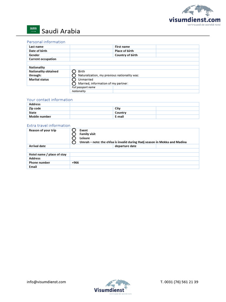 Saoedi Arabie - Aanvraagformulier E-Visum (EN) | PDF