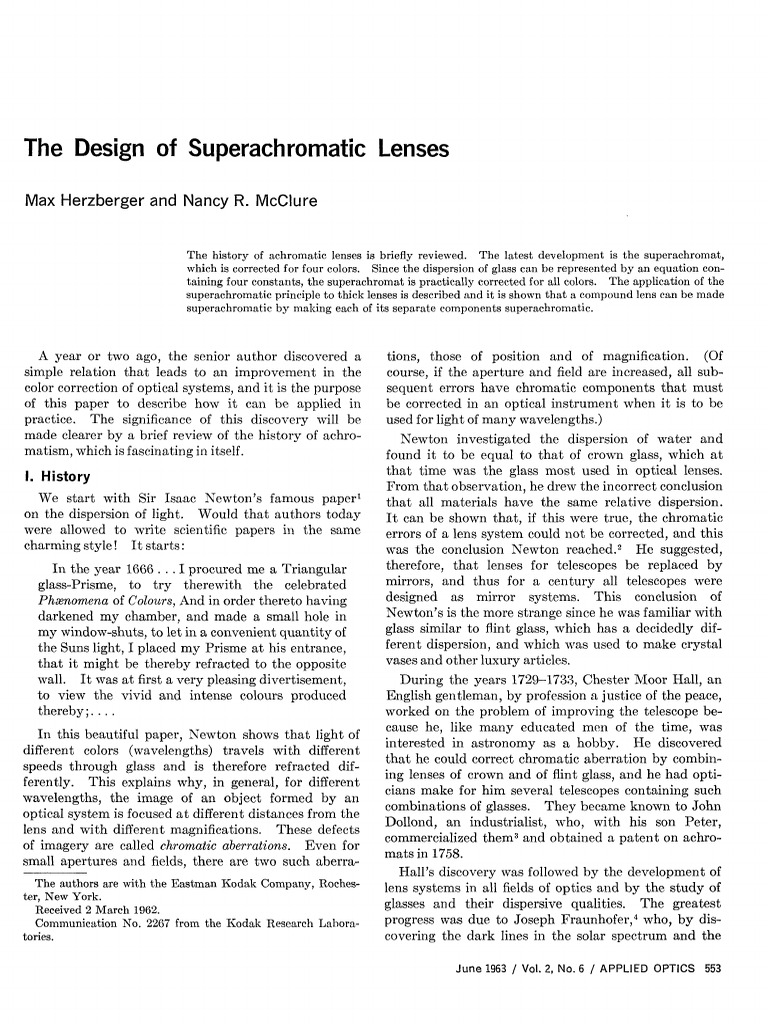 Design Principles of Superachromatic Lenses | PDF | Optics | Glass ...