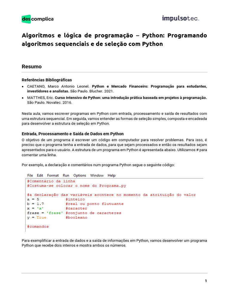 Algoritmos e Seleção em Python | PDF | Python (linguagem de programação ...