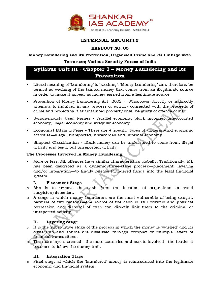 Internal Security Handout 5 Money Laundering OC & Terrorism Security ...