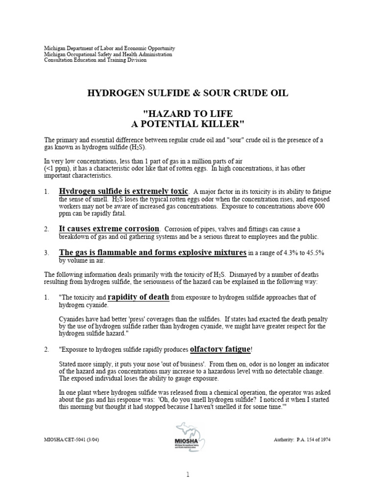 Hydrogen Sulfide Hazards in Crude Oil | PDF | Hydrocarbons | Chemistry