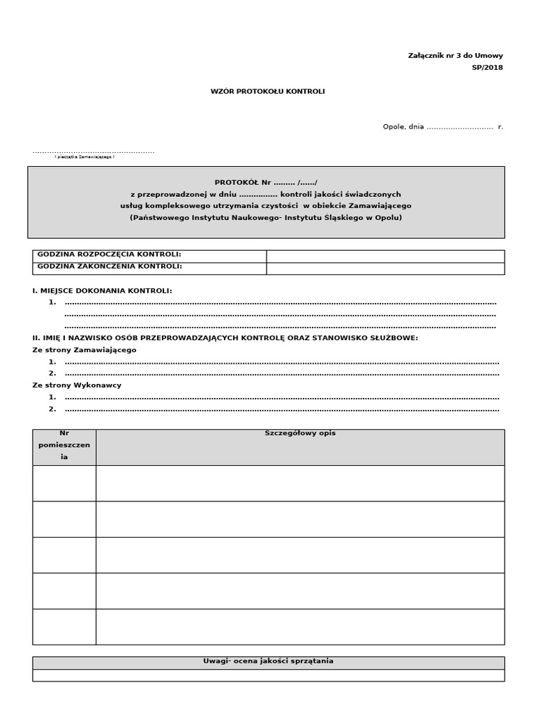 Zalacznik NR 3 Protokol Kontroli | PDF