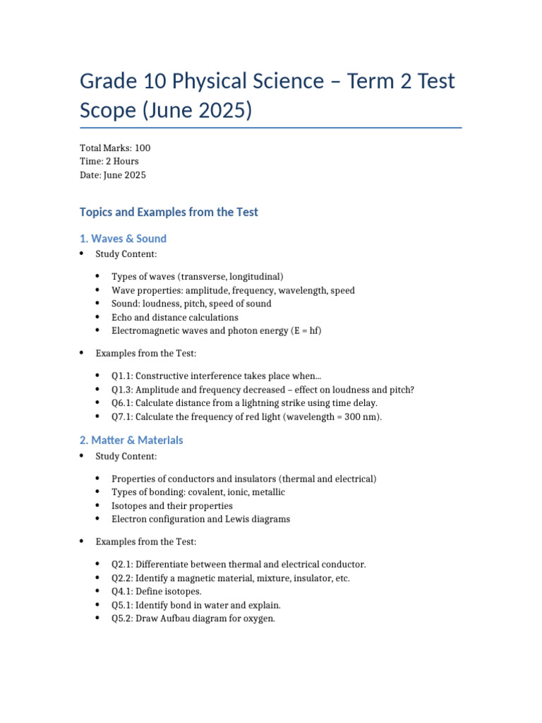 Grade 10 Physical Science Term 2 Scope | PDF