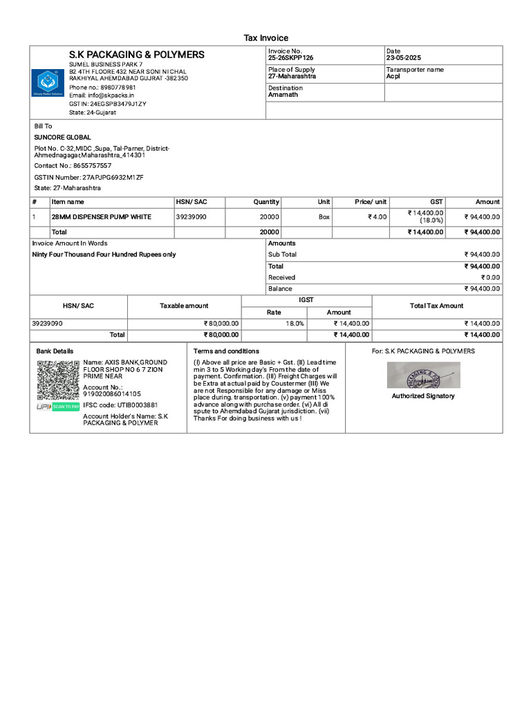 Tax Invoice for S.K. Packaging & Polymers | PDF | Economies ...