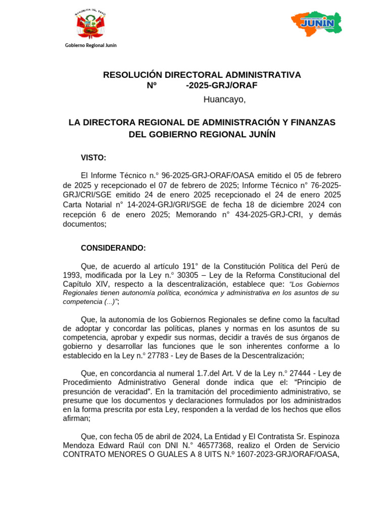 RESOLUCIÓN DIRECTORAL ADMINISTRATIVA Resolver Contrato - Orden de ...