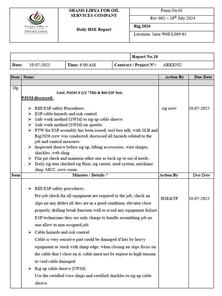 Rig 2026 Daily HSE Report 10-07-2025 | PDF