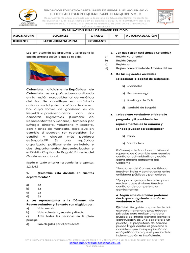 Evaluación de Sociales 4º Grado Colombia | PDF | Colombia | Alcalde