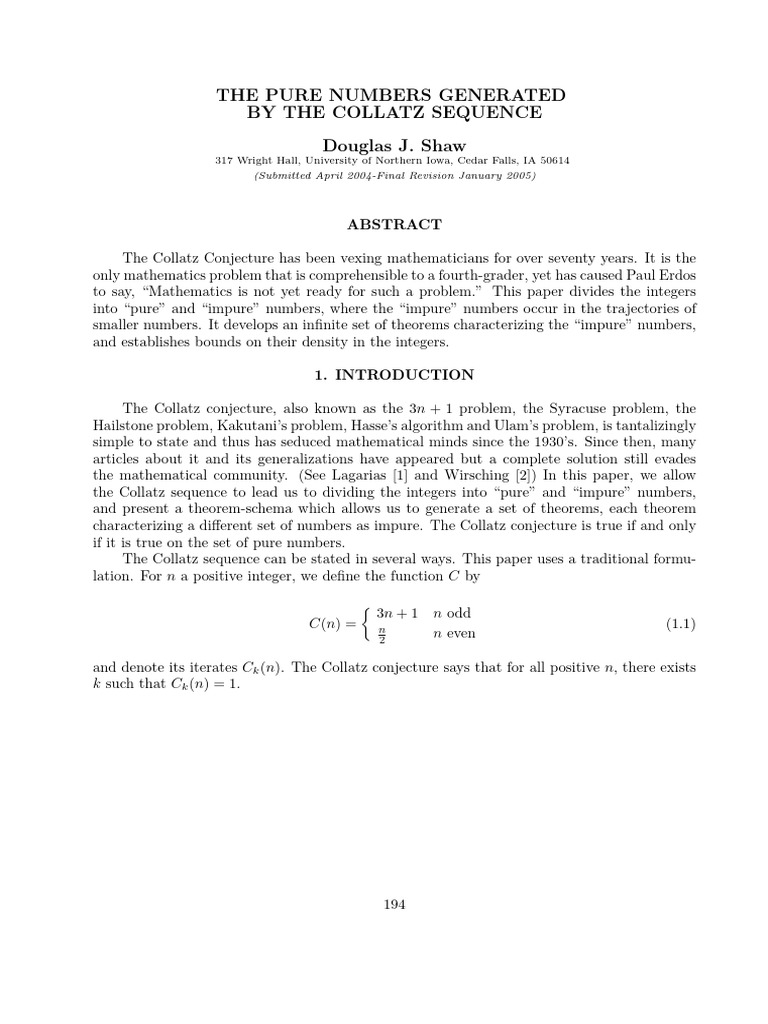 Pure and Impure Numbers in Collatz Sequence | PDF | Discrete ...
