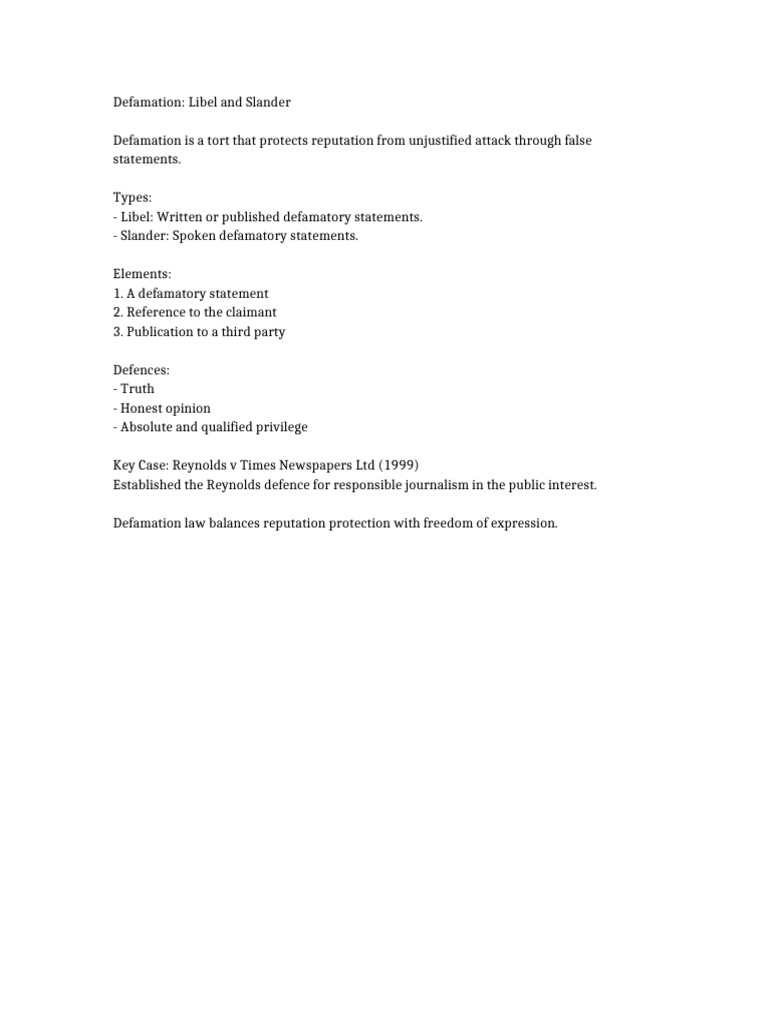 Understanding Defamation: Libel vs. Slander | PDF