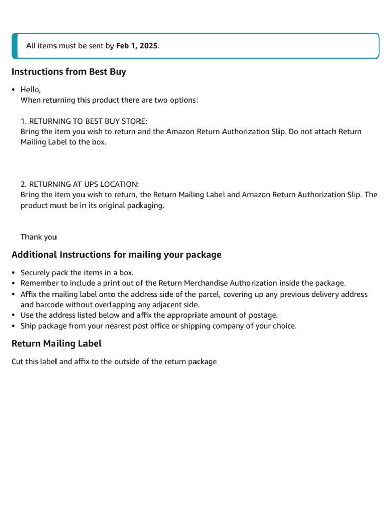 Best Buy Return Instructions for Amazon | PDF