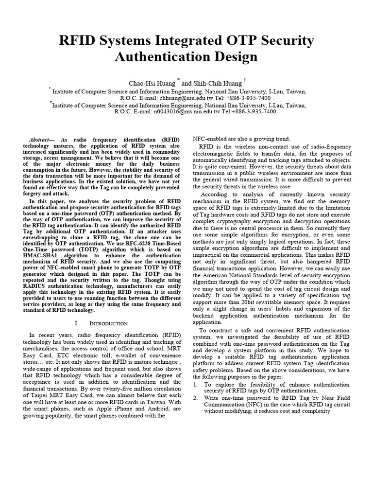 RFID Security via OTP Authentication | PDF | Radio Frequency ...