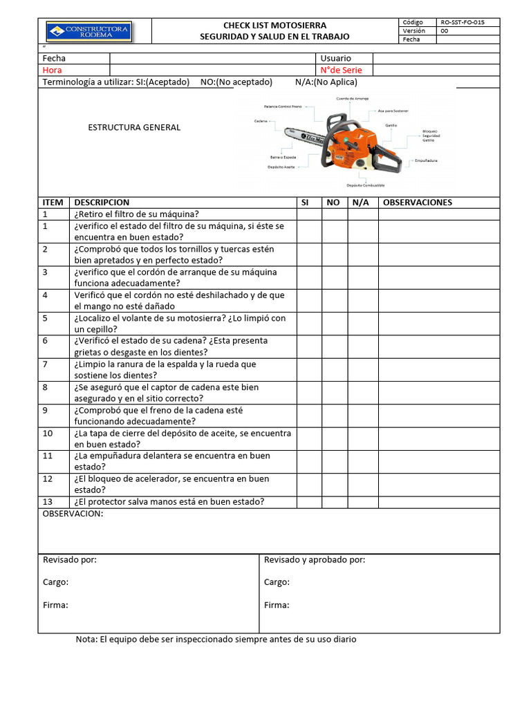 Ro-Sst-Fo-015 Check List Motosierra | PDF