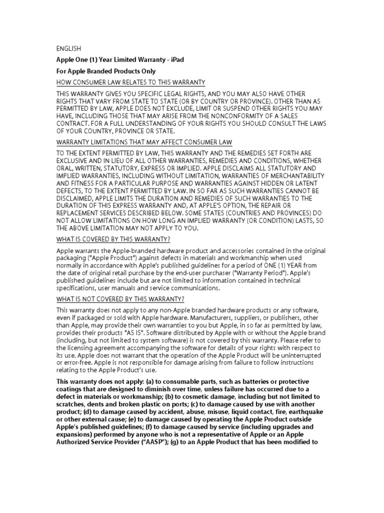 Ipad Warranty | PDF | Implied Warranty | Backup