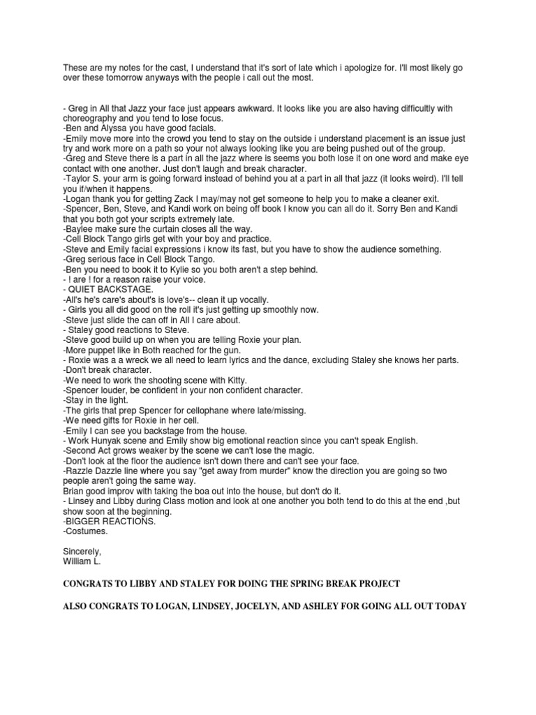 Performance Feedback for Cast Members | PDF | Leisure | Entertainment ...