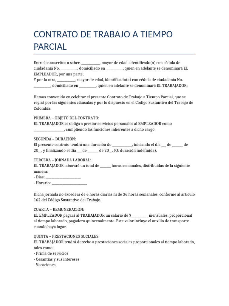 Modelo de Contrato a Tiempo Parcial en Colombia | PDF | Derecho laboral ...