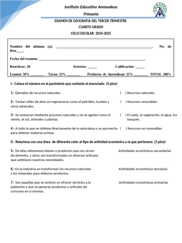 Examen Geografía 3er. Trimestre 4° 2024-2025 | PDF | Naturaleza ...