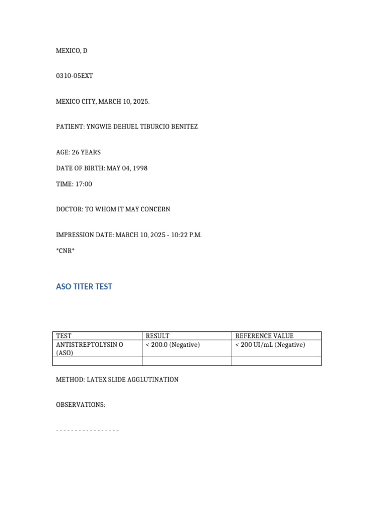 ASO Titer Test Results for Patient | PDF
