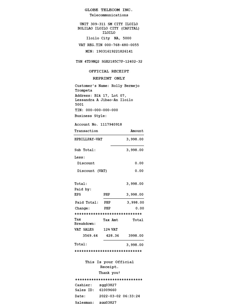 Globe Telecom Receipt - SM City Iloilo | PDF