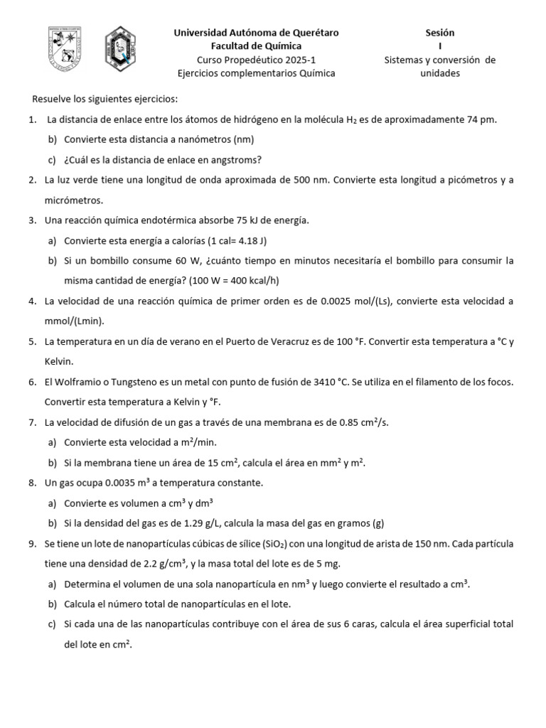Ejercicios de Conversión en Química 2025-1 | PDF | Gases | Mole (Unidad)
