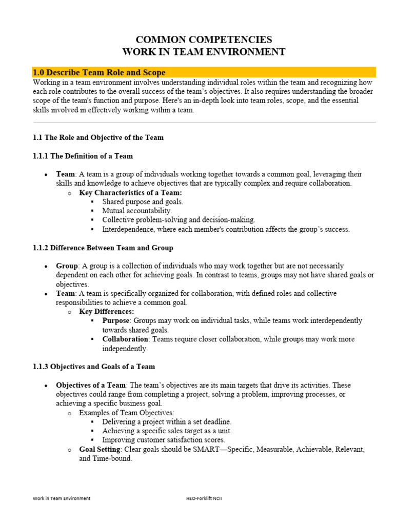 Basic Competencies-Work in Team Environment | PDF | Communication | Goal