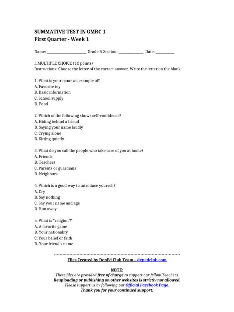 GMRC 1 Summative Test Overview | PDF