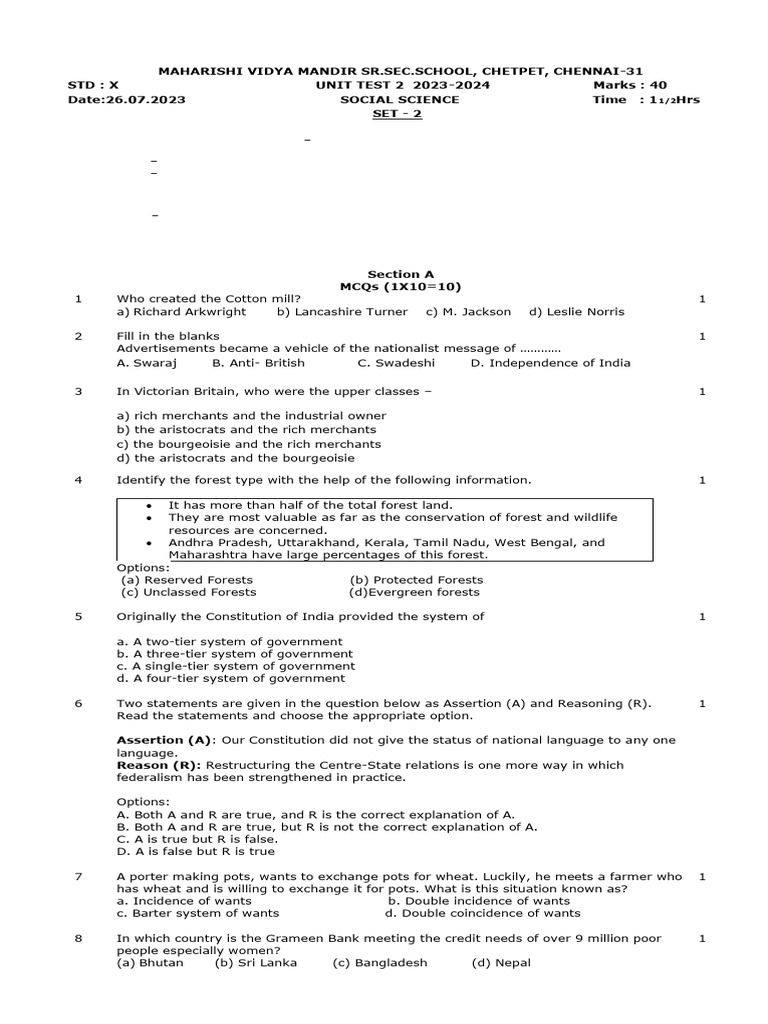 Social Science Unit Test Paper 2023-24 | PDF | Credit | Finance & Money ...