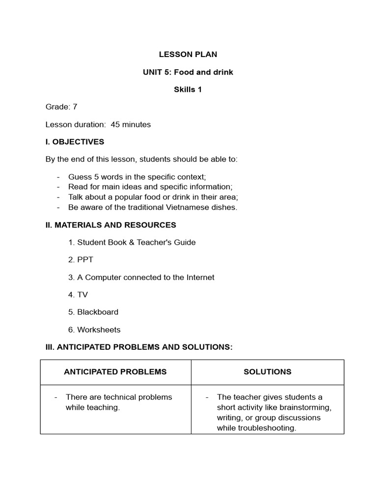 Grade 7 Food and Drink Lesson Plan | PDF | Lesson Plan | Learning