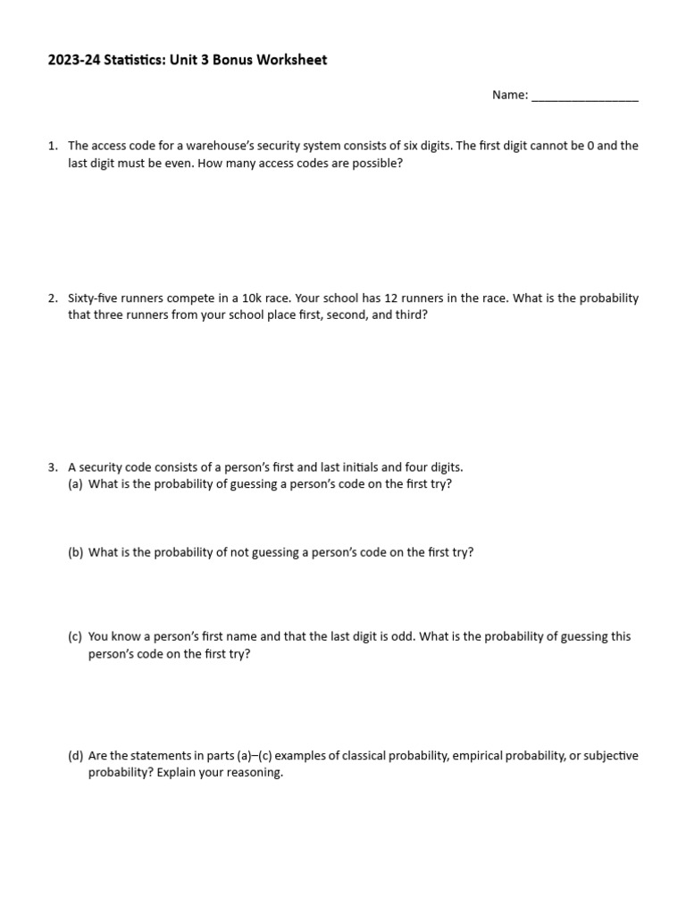Stats - Unit 3 Bonus Worksheet | PDF | Probability | Chess