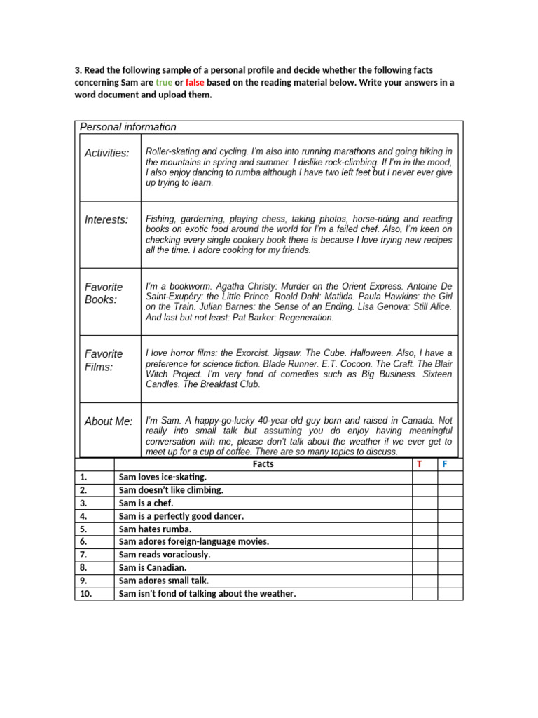 Sam's Personal Profile Facts Quiz | PDF