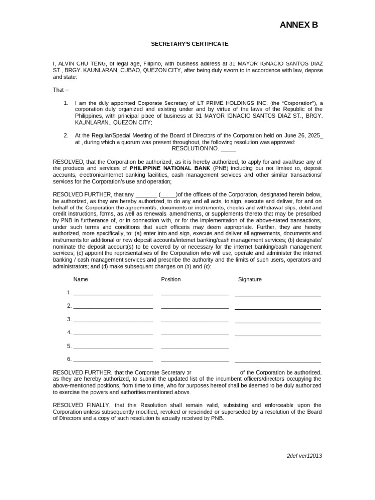 08 Secretary's Certificate | PDF
