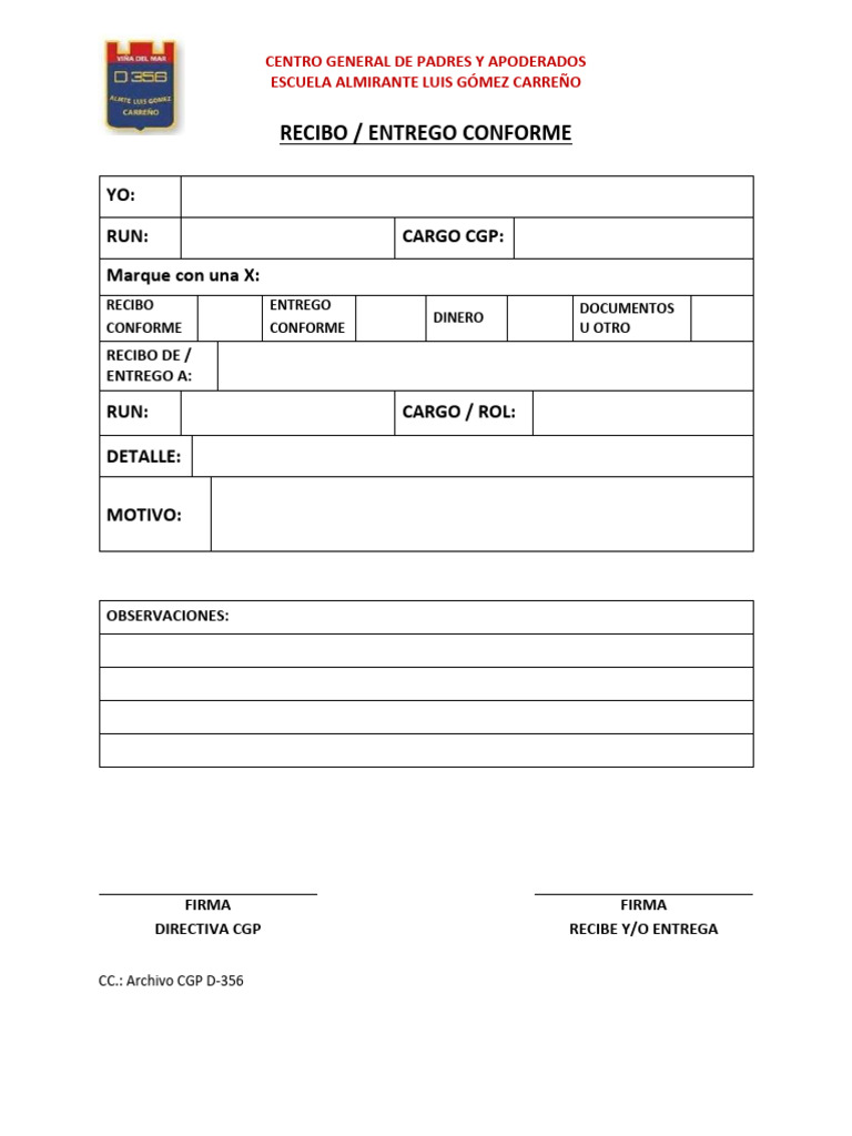 Recibo Conforme - Escuela Almirante Gómez | PDF