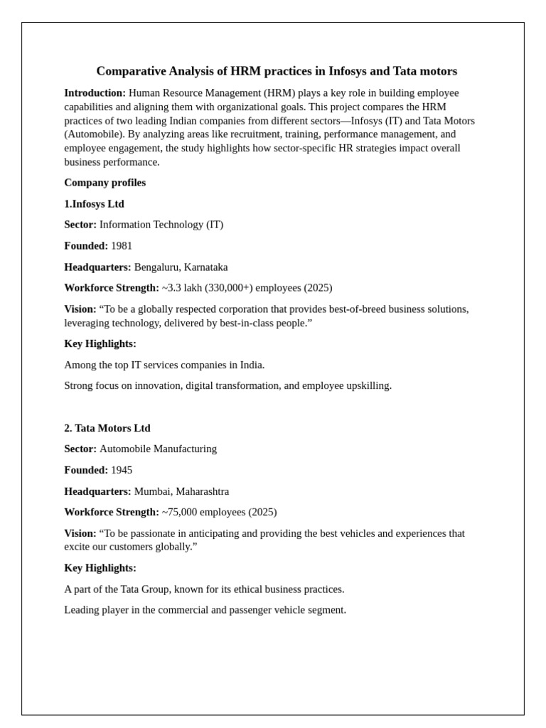 HRM Practices: Infosys vs Tata Motors | PDF | Human Resource Management ...
