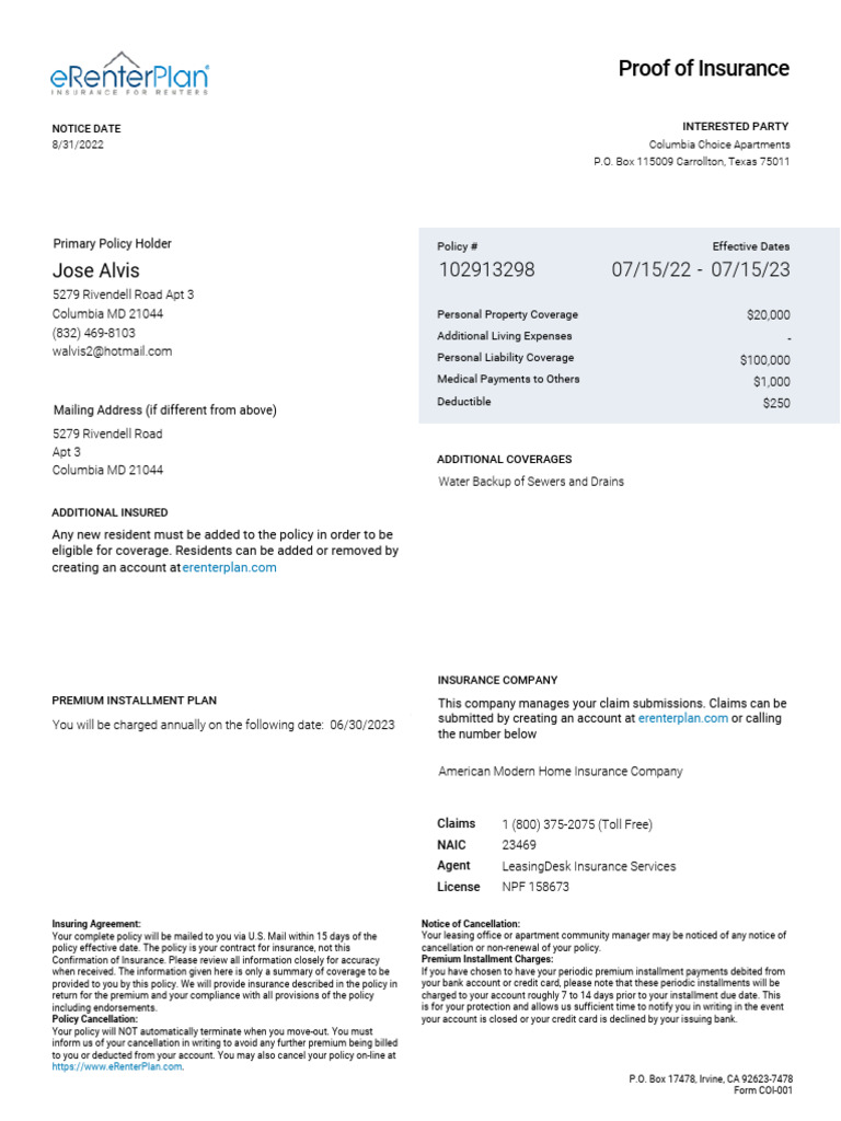 eRenterPlan Auto Insurance Summary | PDF | Insurance | Credit Card